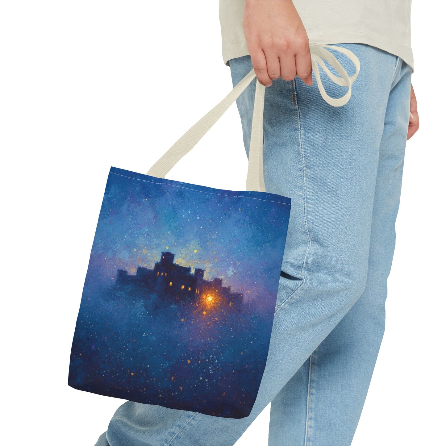 Starry Night Castle Tote Bag — Mystical Galaxy Scene All-Over Print
