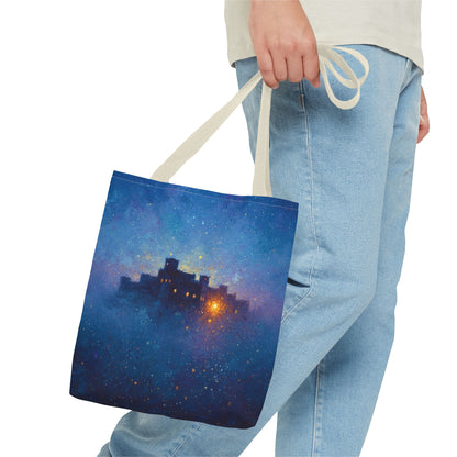 Starry Night Castle Tote Bag — Mystical Galaxy Scene All-Over Print