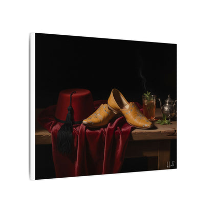 Nature morte sur toile — Chaussures en cuir et fez, décoration murale