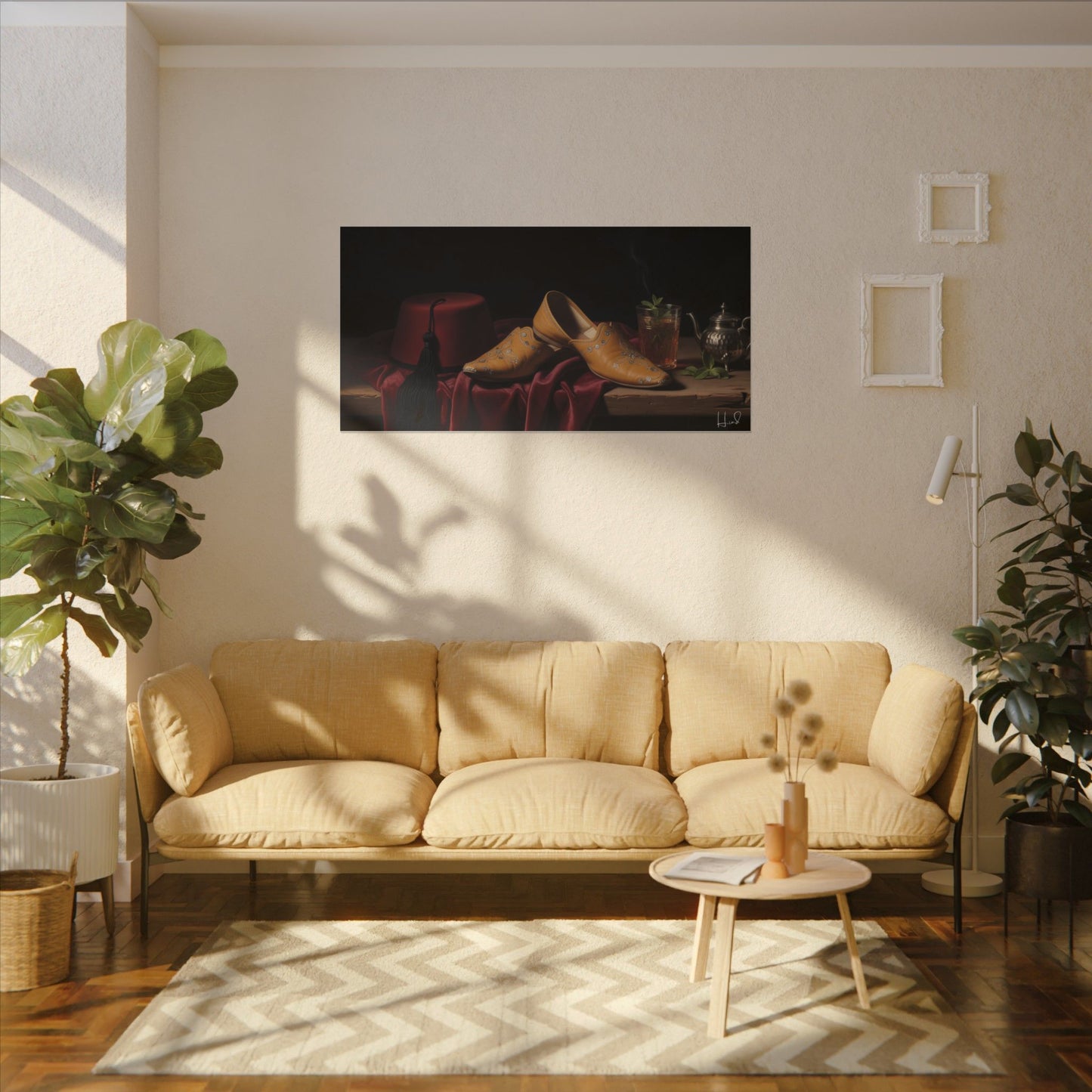 Nature morte sur toile — Chaussures en cuir et fez, décoration murale