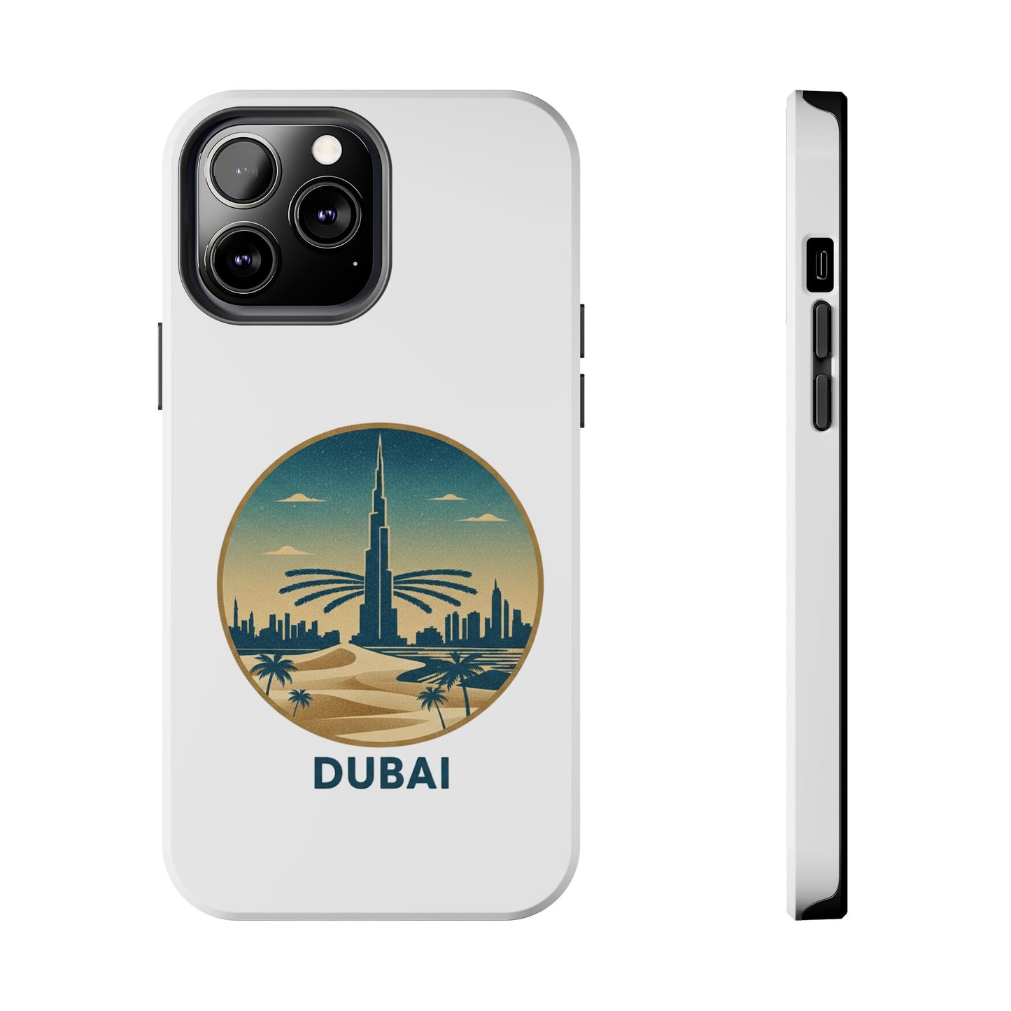 Coque de téléphone résistante motif skyline de Dubaï — Étui de voyage rétro palmiers du désert