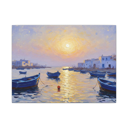 Seaside Sunset Canvas Print — Boats on Tranquil Harbor Wall Art