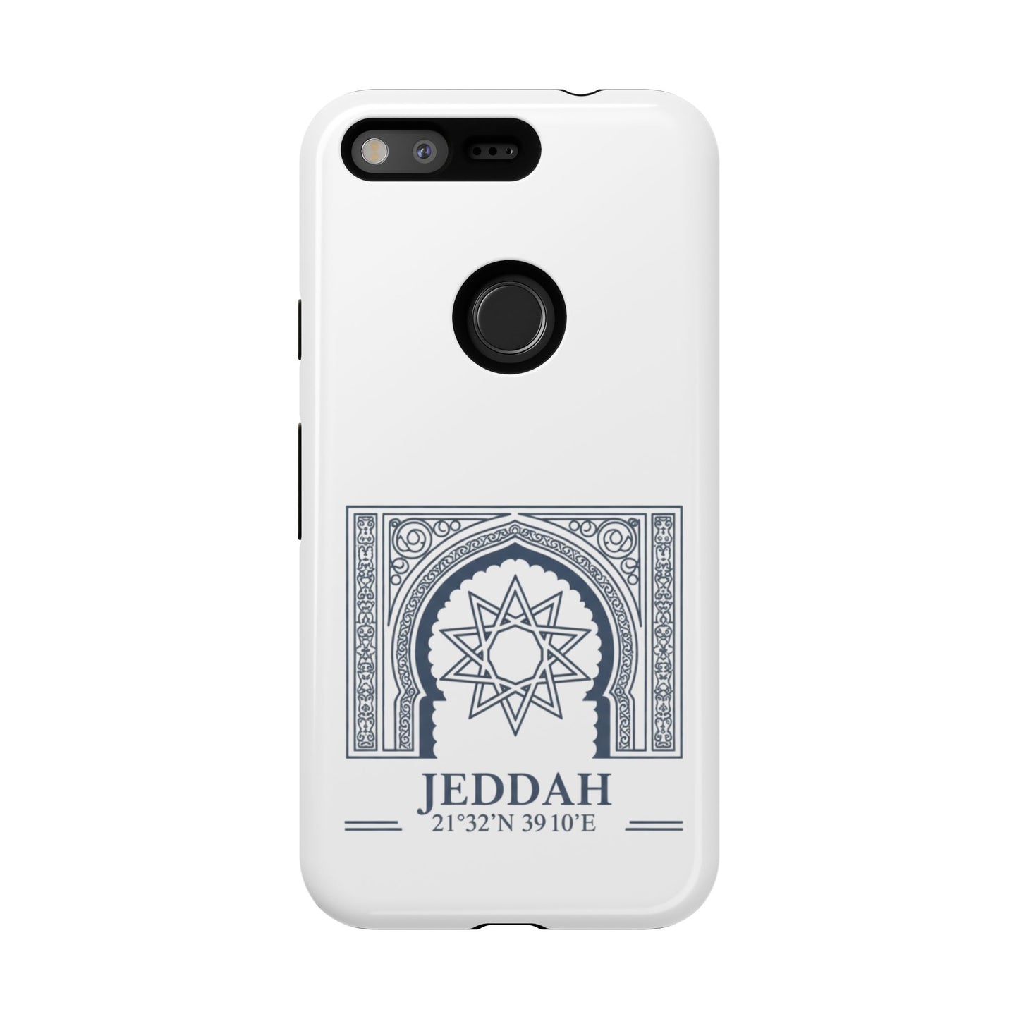 Jeddah Coordinates Phone Case — Arabic Arch Geometric Design