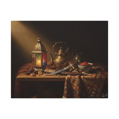 Oriental Still Life Canvas — Vintage Brass Teapot & Lantern Wall Art