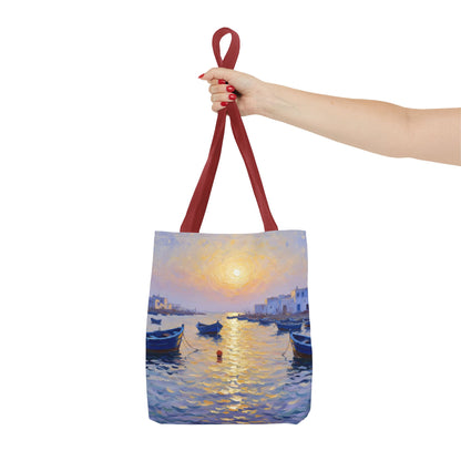 Sunset Harbor Tote Bag - Seaside Boats Art Print