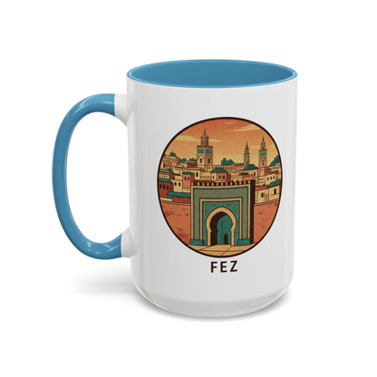 Mug à café Fez Landmark Accent — Souvenir de voyage représentant un paysage urbain marocain (11/15 oz)