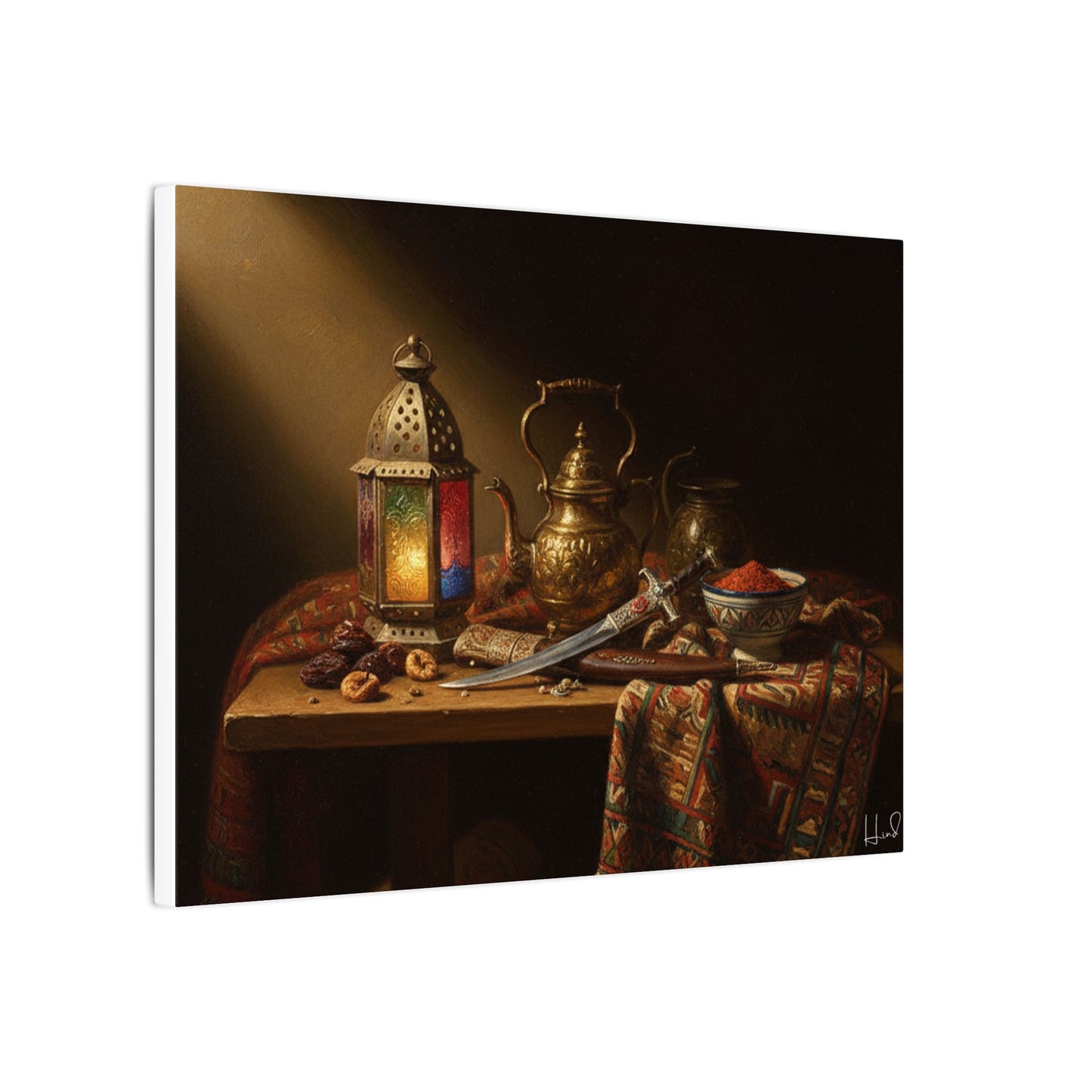 Oriental Still Life Canvas — Vintage Brass Teapot & Lantern Wall Art