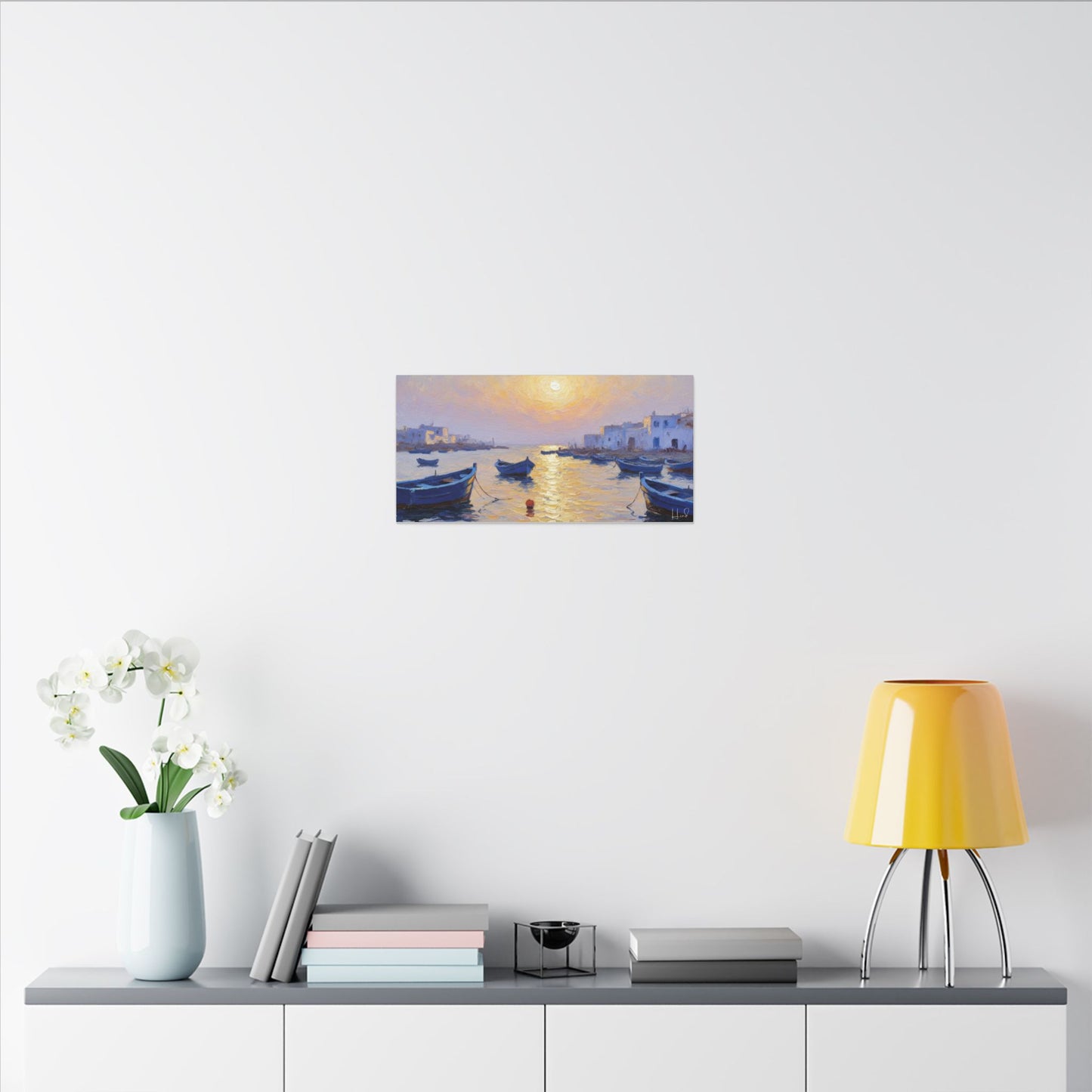 Seaside Sunset Canvas Print — Boats on Tranquil Harbor Wall Art