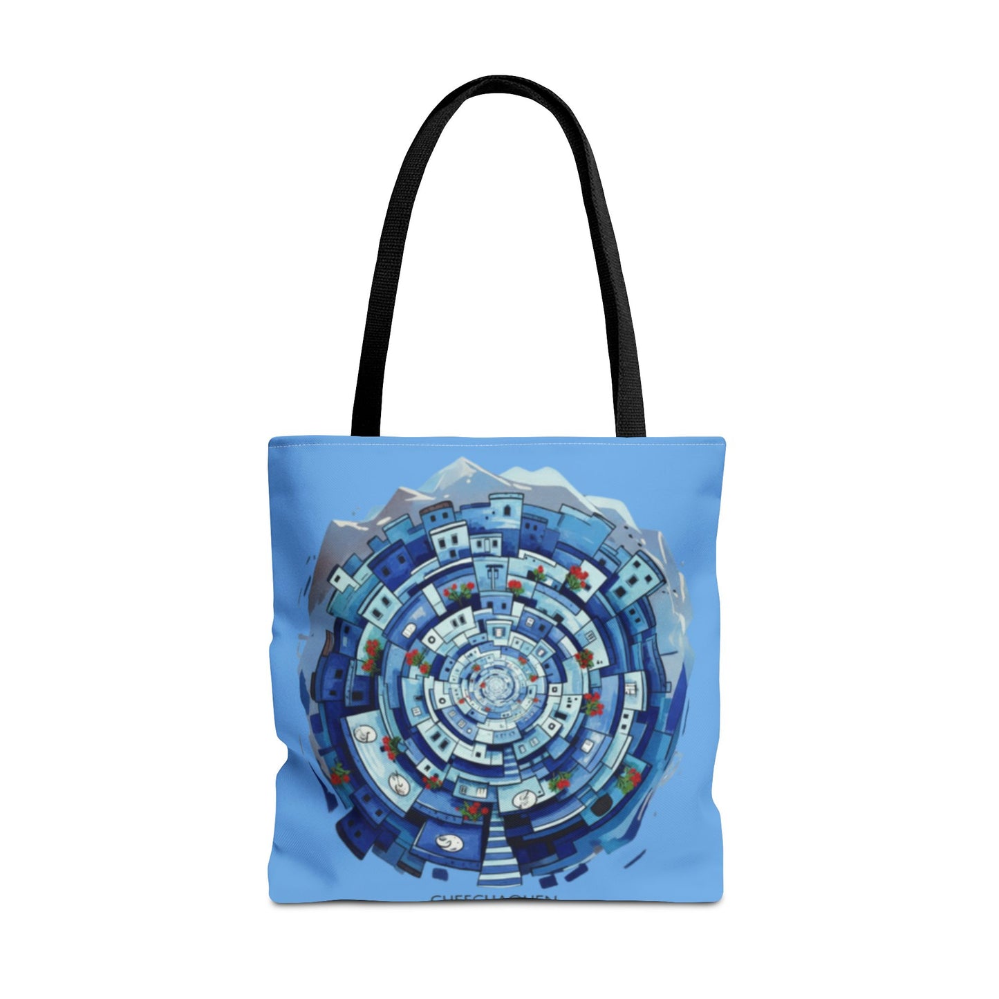 Blue Circular Cityscape Tote Bag — Abstract Urban Spiral All-Over Print Tote