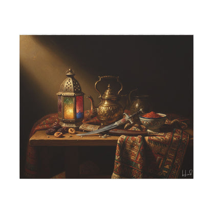Oriental Still Life Canvas — Vintage Brass Teapot & Lantern Wall Art