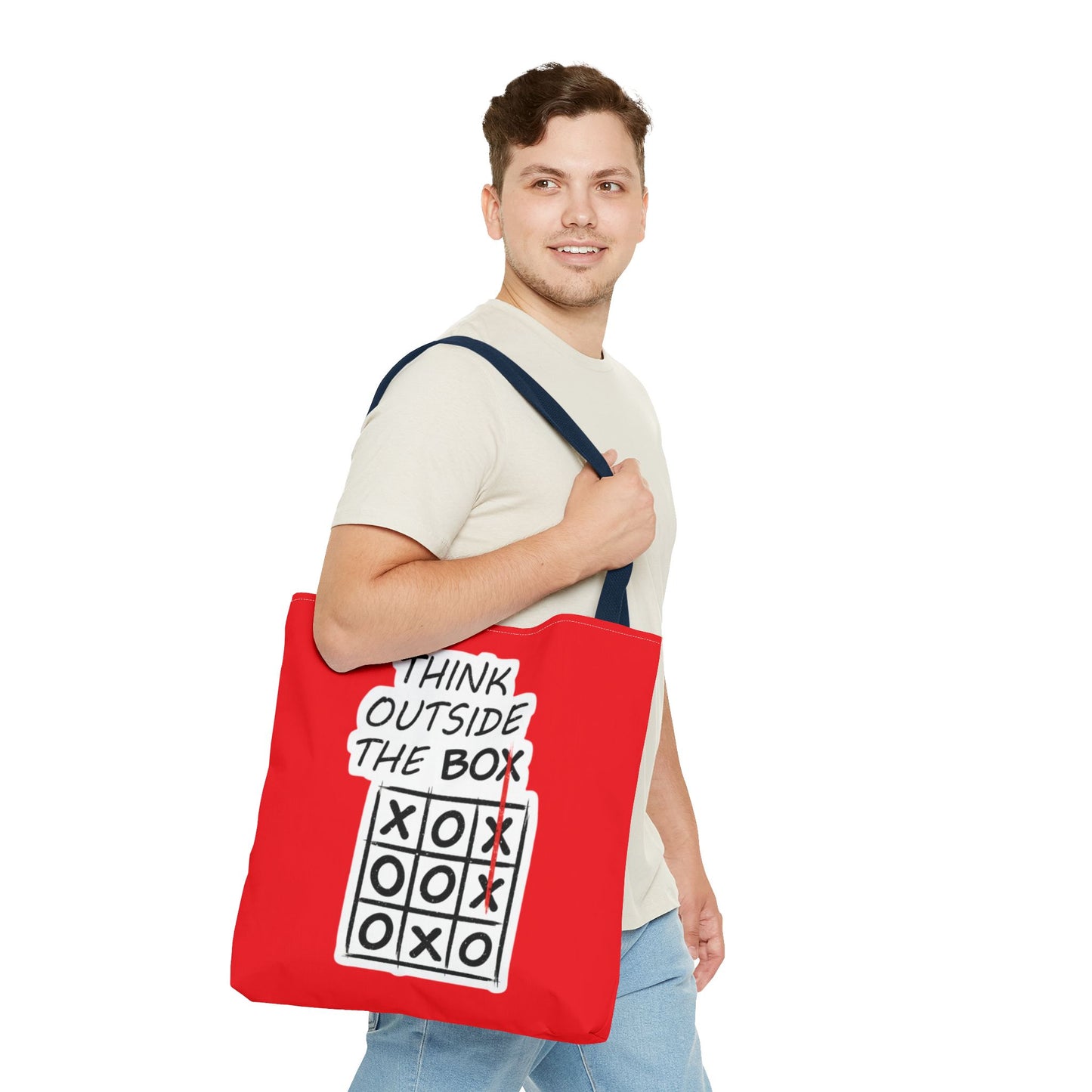 Think Outside the Box Tote Bag — Red Tic-Tac-Toe Motivational Canvas Tote