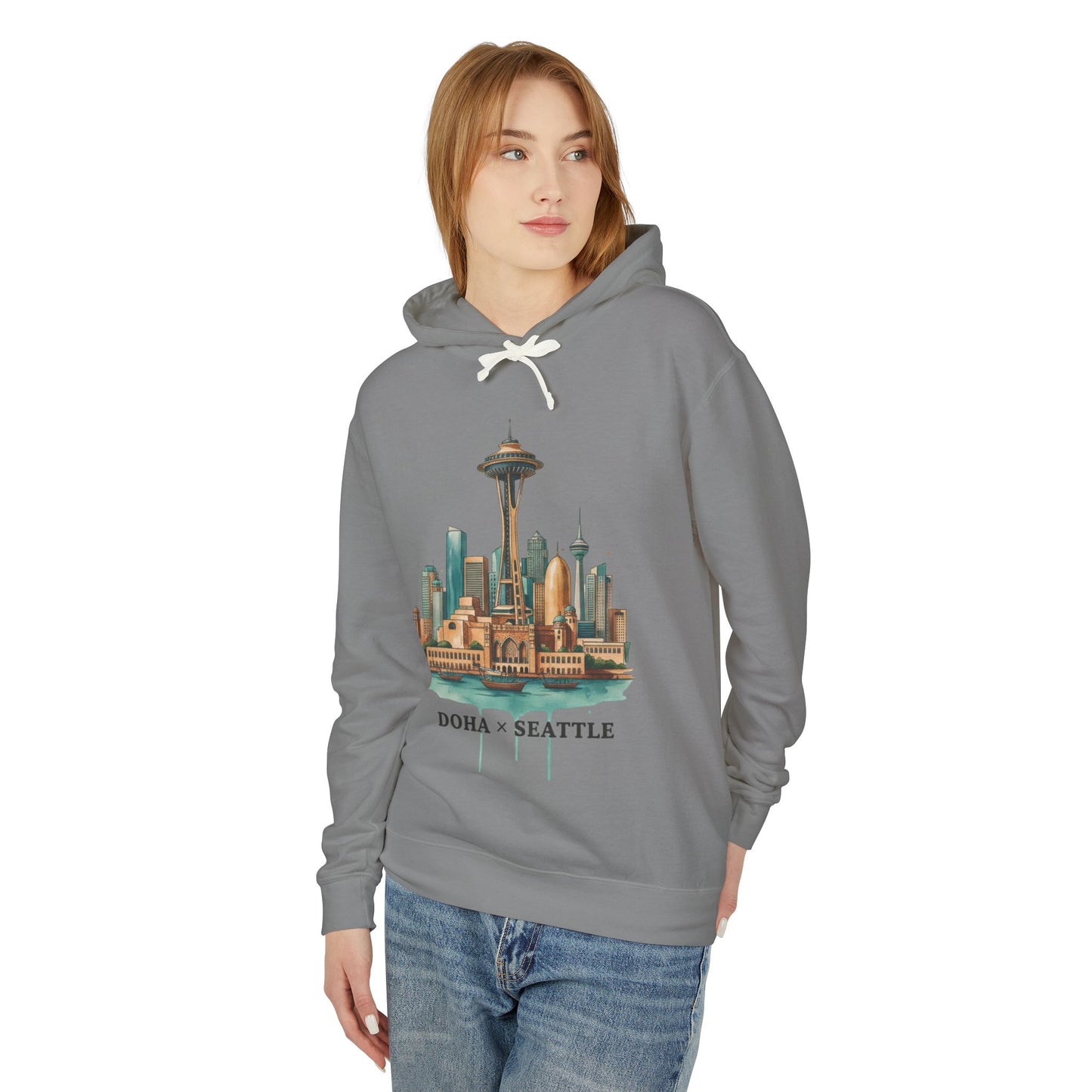 Doha x Seattle Skyline Hoodie — Retro Cityscape Pullover