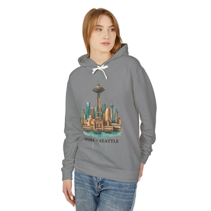 Doha x Seattle Skyline Hoodie — Retro Cityscape Pullover