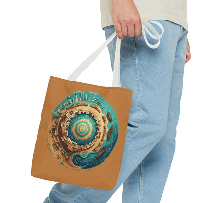 Round Cityscape Tote Bag — Abstract Turquoise & Gold Planet Design