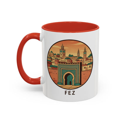 Mug à café Fez Landmark Accent — Souvenir de voyage représentant un paysage urbain marocain (11/15 oz)