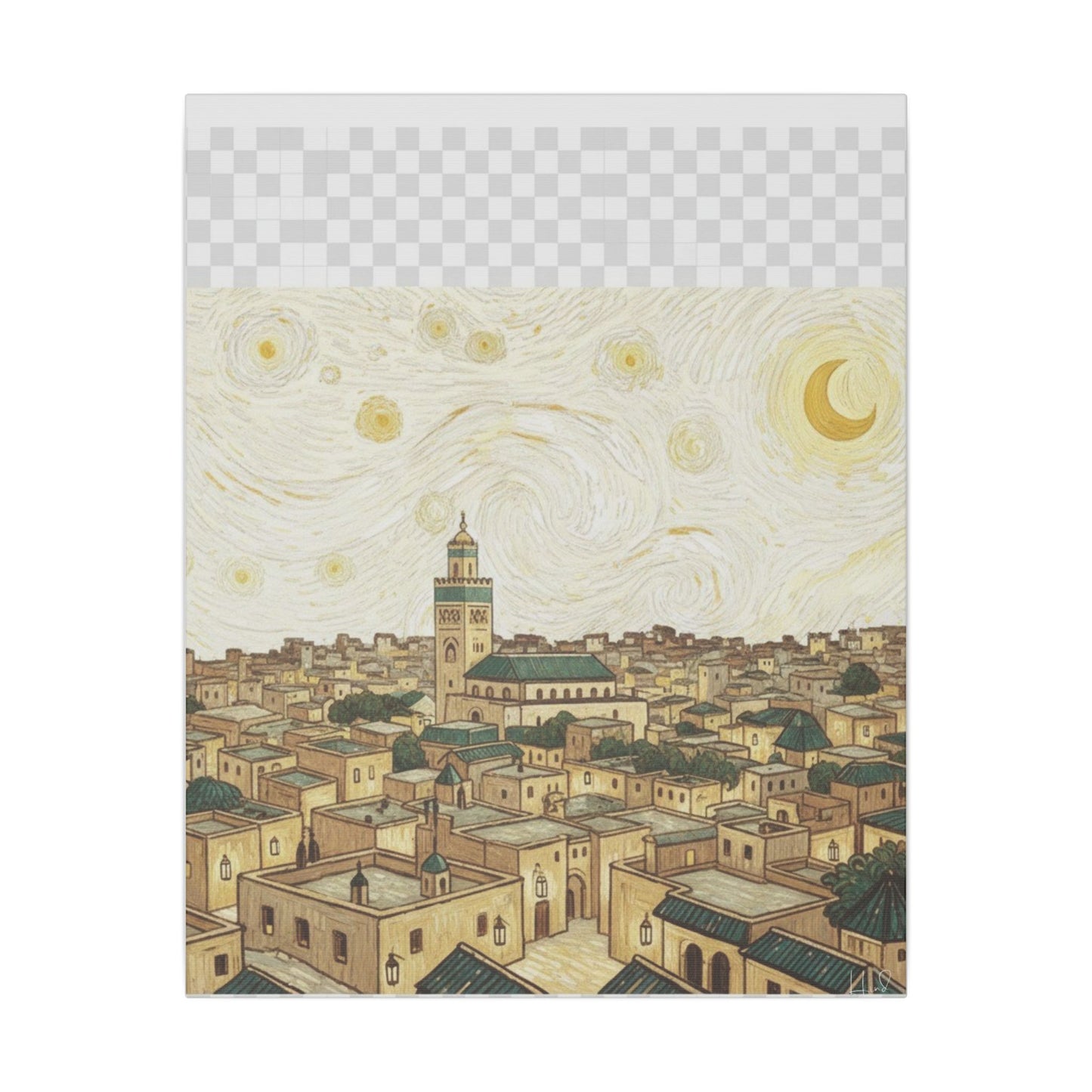 Moroccan Cityscape Canvas Print — Starry Night-Inspired Mosque Wall Art