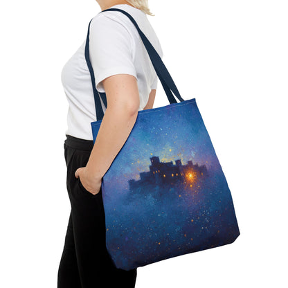 Starry Night Castle Tote Bag — Mystical Galaxy Scene All-Over Print
