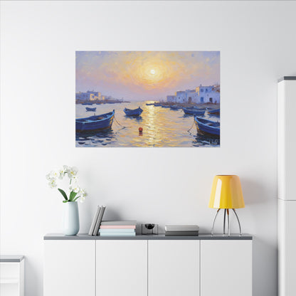Seaside Sunset Canvas Print — Boats on Tranquil Harbor Wall Art