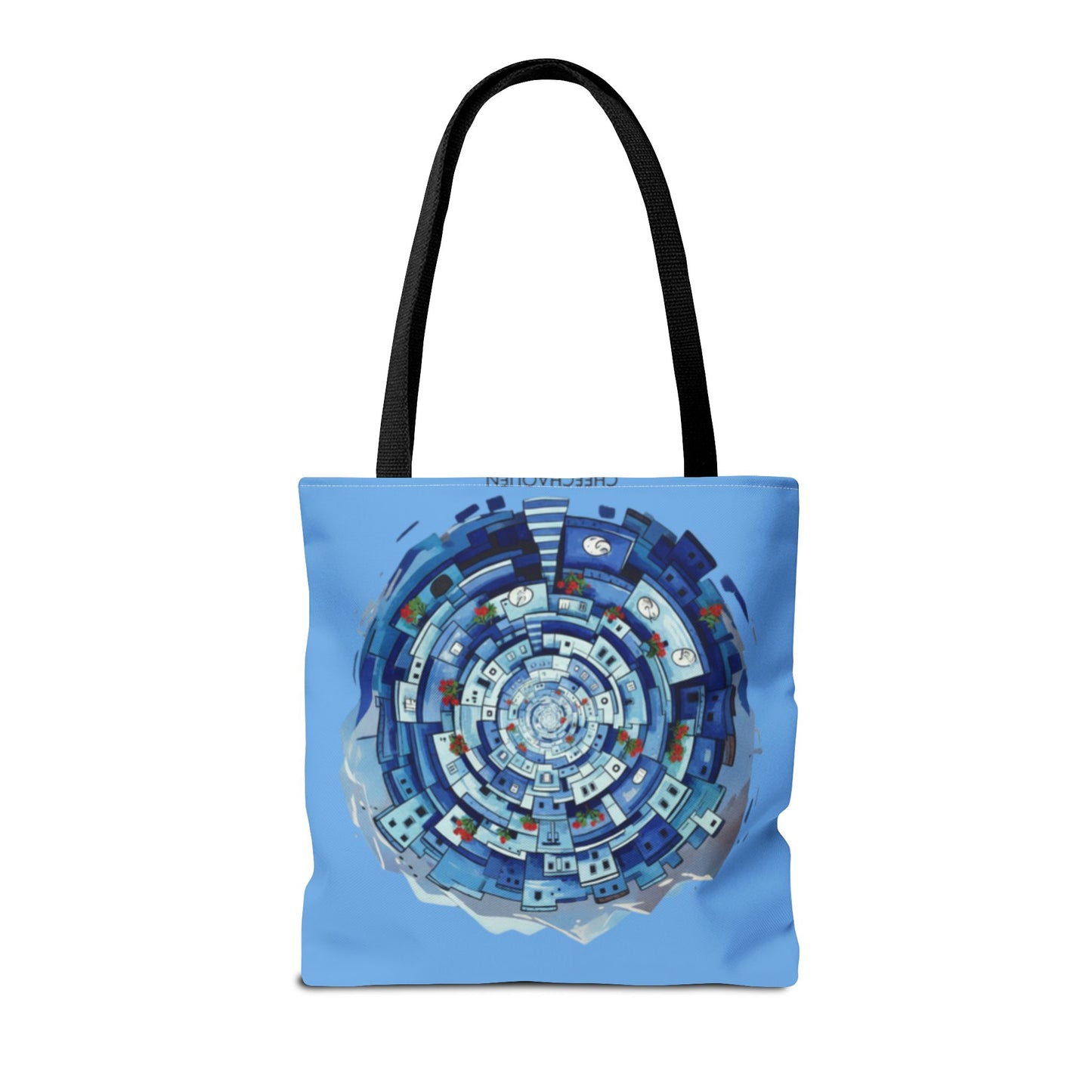 Blue Circular Cityscape Tote Bag — Abstract Urban Spiral All-Over Print Tote