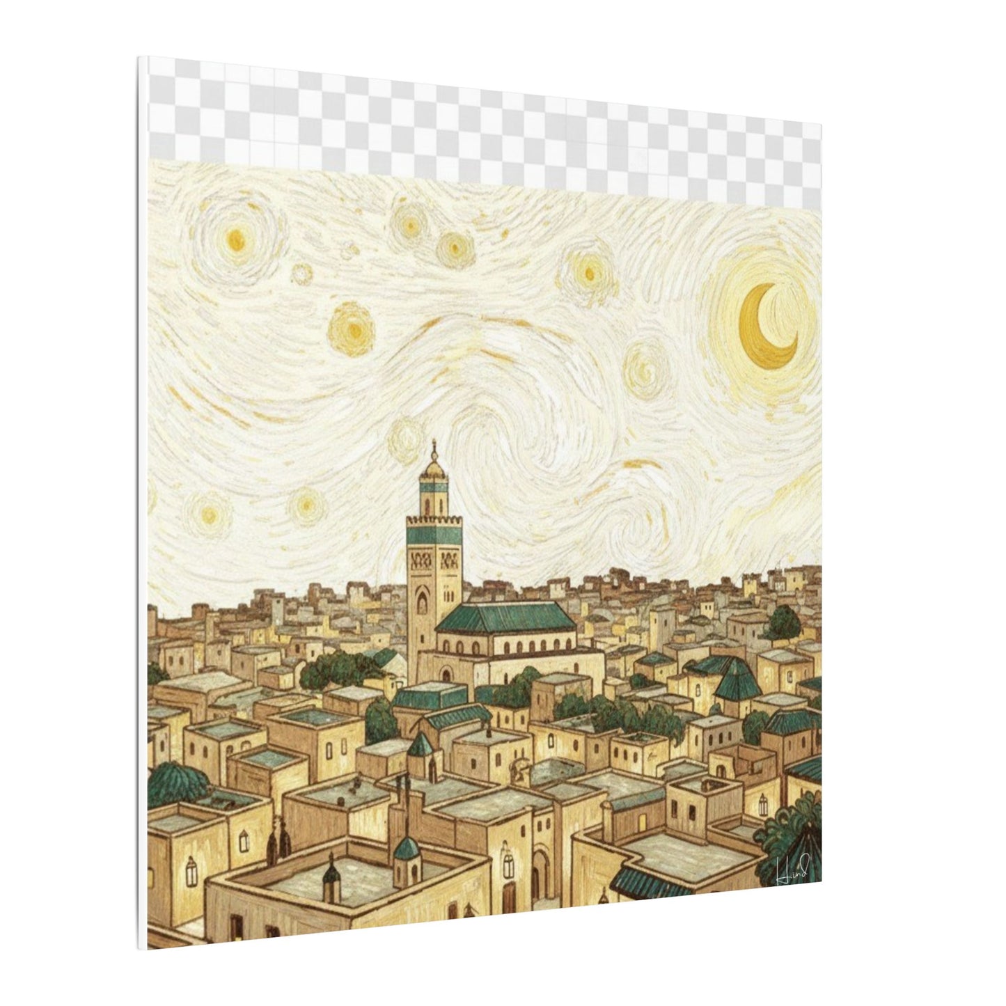 Moroccan Cityscape Canvas Print — Starry Night-Inspired Mosque Wall Art
