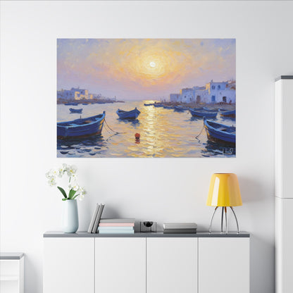 Seaside Sunset Canvas Print — Boats on Tranquil Harbor Wall Art