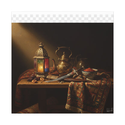 Oriental Still Life Canvas — Vintage Brass Teapot & Lantern Wall Art