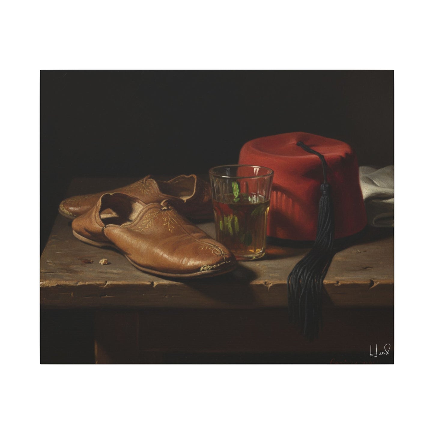 Still Life Canvas Print — Leather Shoes & Red Fez Wall Art