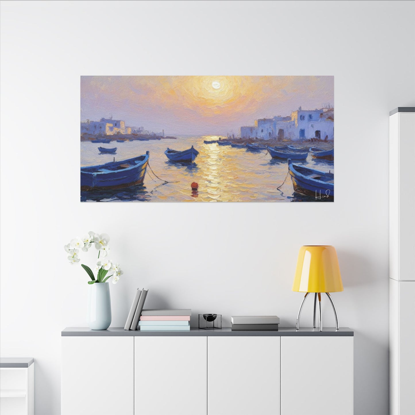 Seaside Sunset Canvas Print — Boats on Tranquil Harbor Wall Art