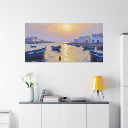 Seaside Sunset Canvas Print — Boats on Tranquil Harbor Wall Art