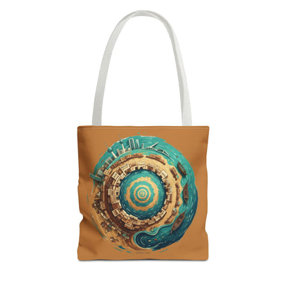 Round Cityscape Tote Bag — Abstract Turquoise & Gold Planet Design