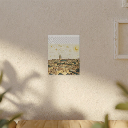 Moroccan Cityscape Canvas Print — Starry Night-Inspired Mosque Wall Art