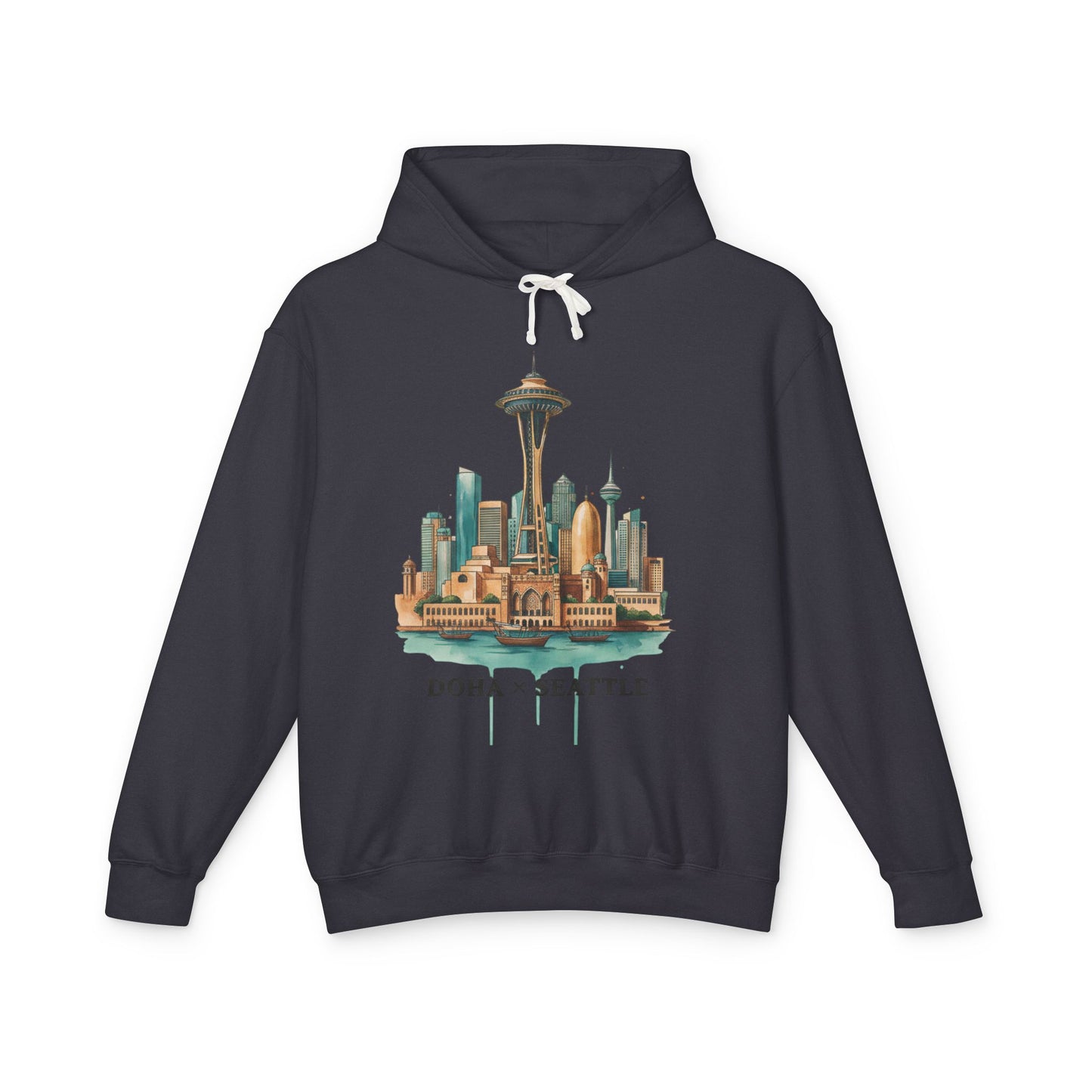 Doha x Seattle Skyline Hoodie — Retro Cityscape Pullover