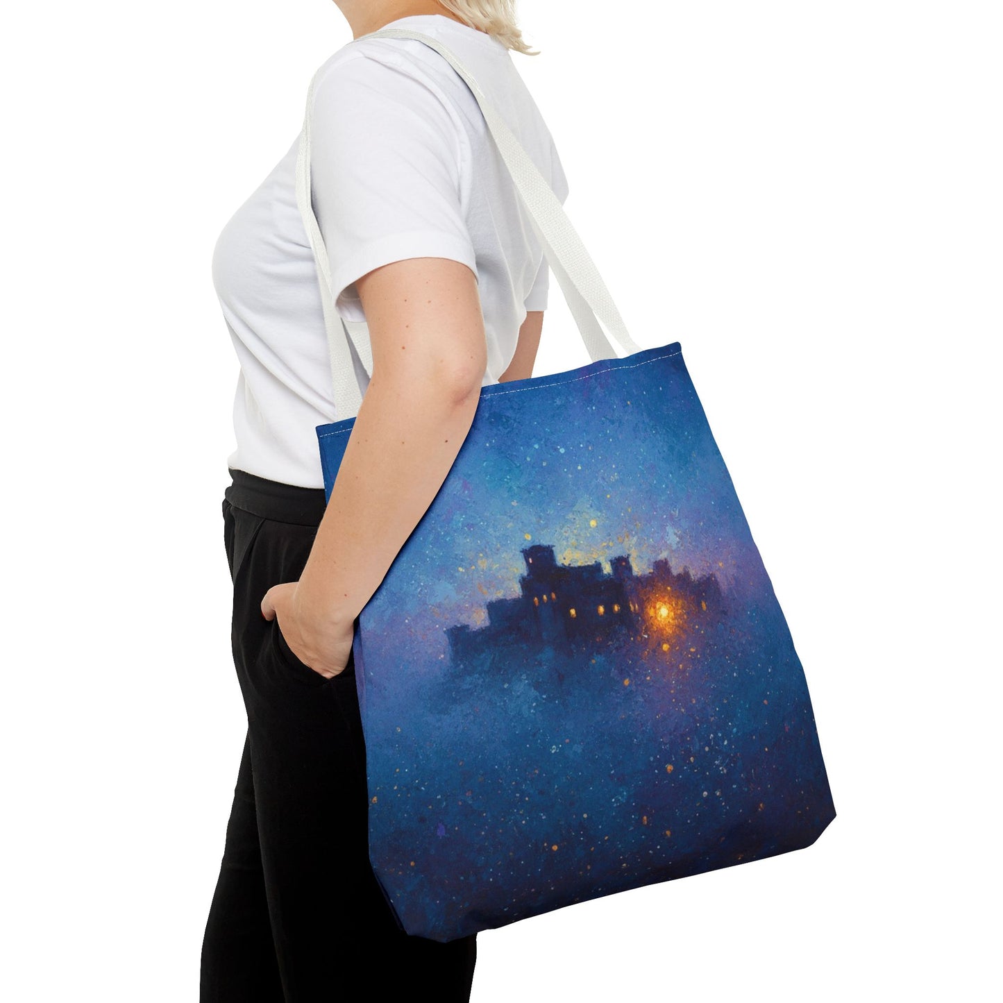 Starry Night Castle Tote Bag — Mystical Galaxy Scene All-Over Print