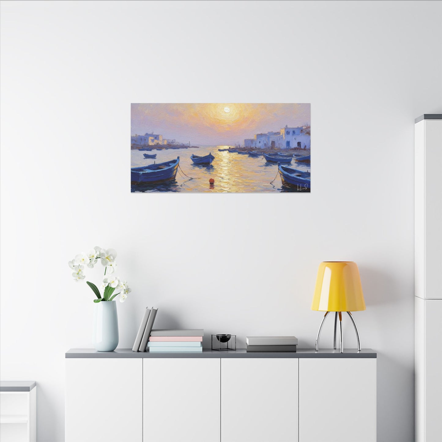 Seaside Sunset Canvas Print — Boats on Tranquil Harbor Wall Art