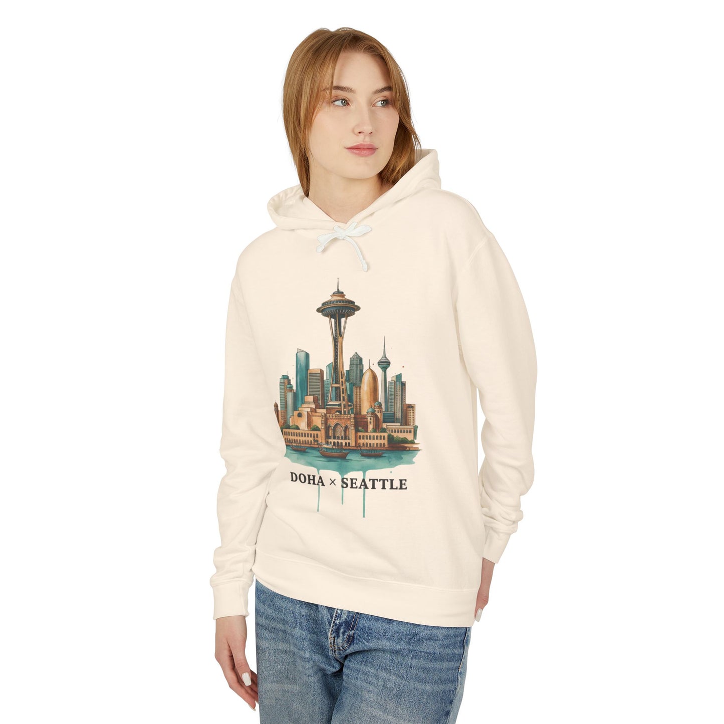Doha x Seattle Skyline Hoodie — Retro Cityscape Pullover