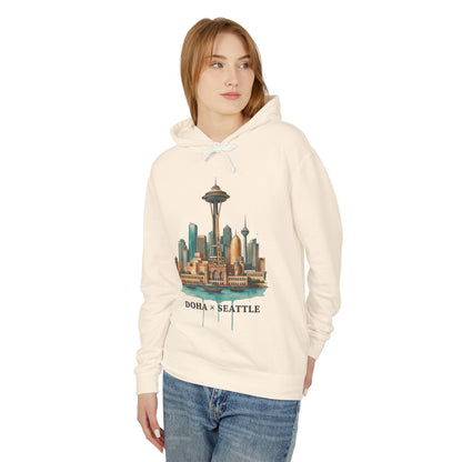 Doha x Seattle Skyline Hoodie — Retro Cityscape Pullover