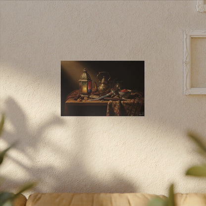 Oriental Still Life Canvas — Vintage Brass Teapot & Lantern Wall Art