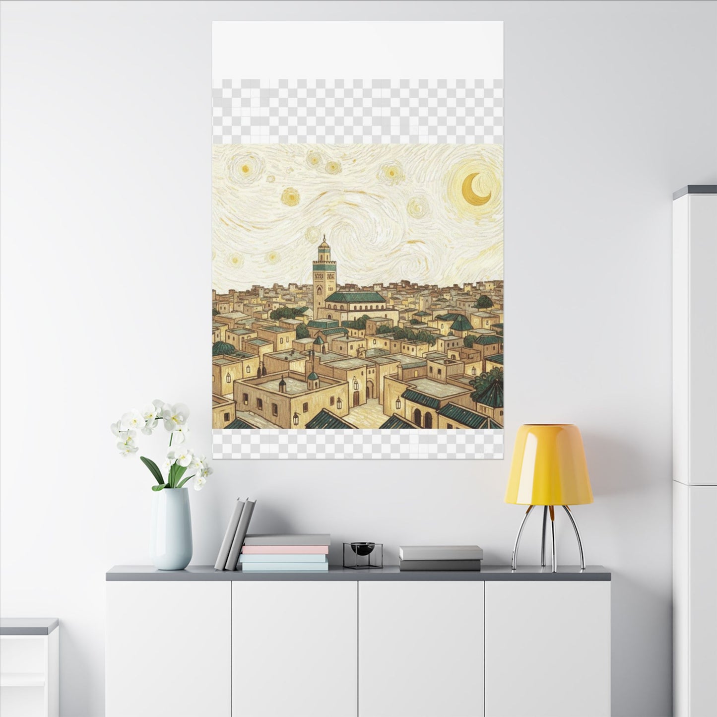 Moroccan Cityscape Canvas Print — Starry Night-Inspired Mosque Wall Art