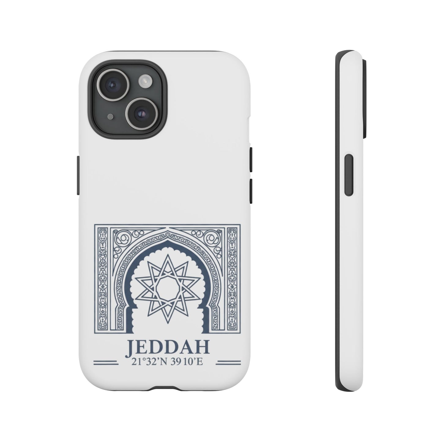 Jeddah Coordinates Phone Case — Arabic Arch Geometric Design