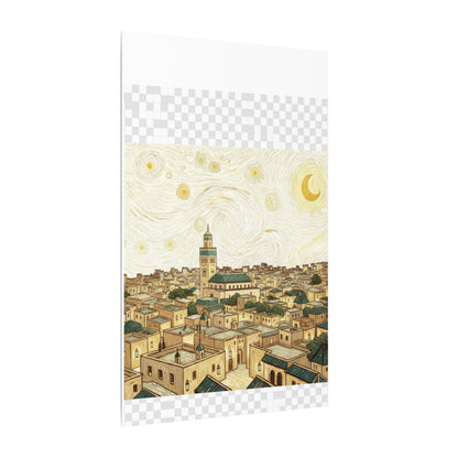 Moroccan Cityscape Canvas Print — Starry Night-Inspired Mosque Wall Art