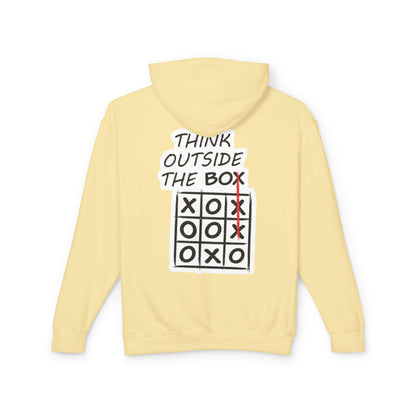 Think Outside the Box Hoodie — Tic-Tac-Toe Graphic Lightweight Hooded Sweatshirt