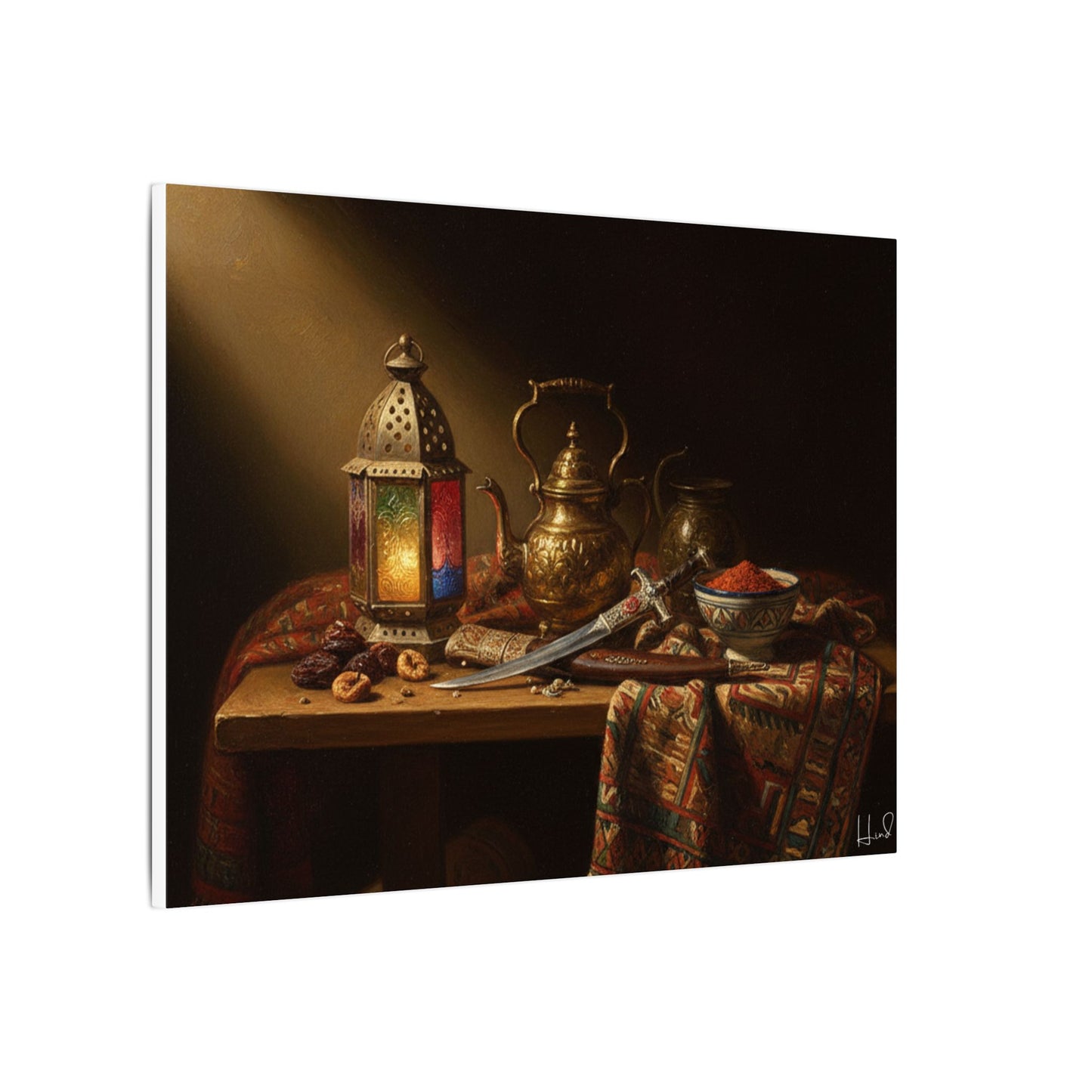 Oriental Still Life Canvas — Vintage Brass Teapot & Lantern Wall Art