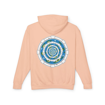 Circular World Map Hoodie — Planet Orbit Graphic Lightweight Hooded Sweatshirt