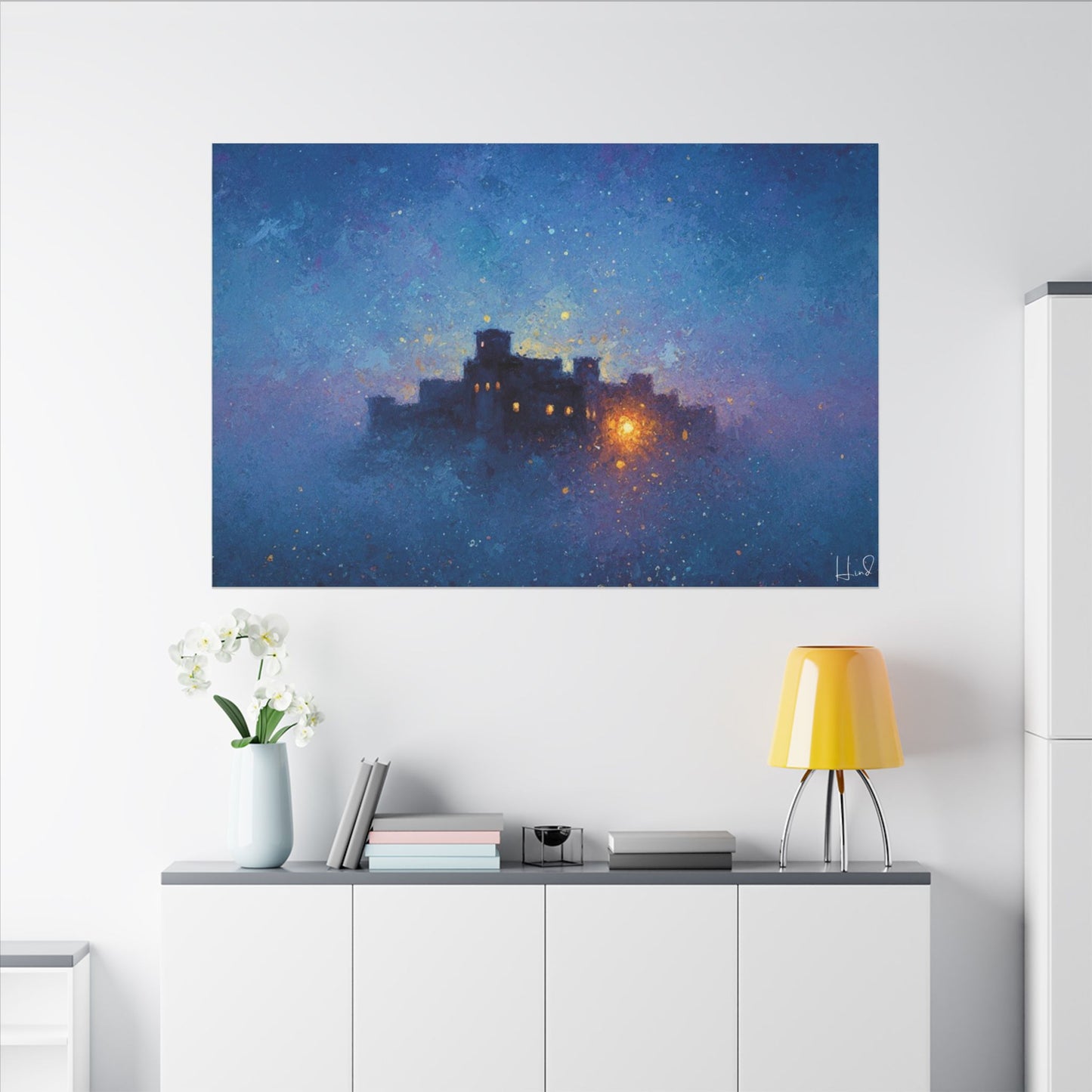 Tableau sur toile mate « Forteresse de la Nuit Étoilée » — Paysage mystique de château bleu
