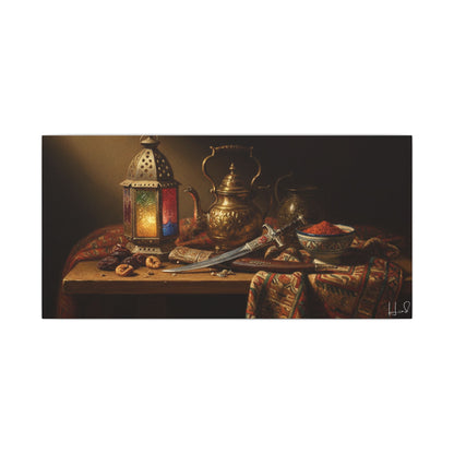 Oriental Still Life Canvas — Vintage Brass Teapot & Lantern Wall Art