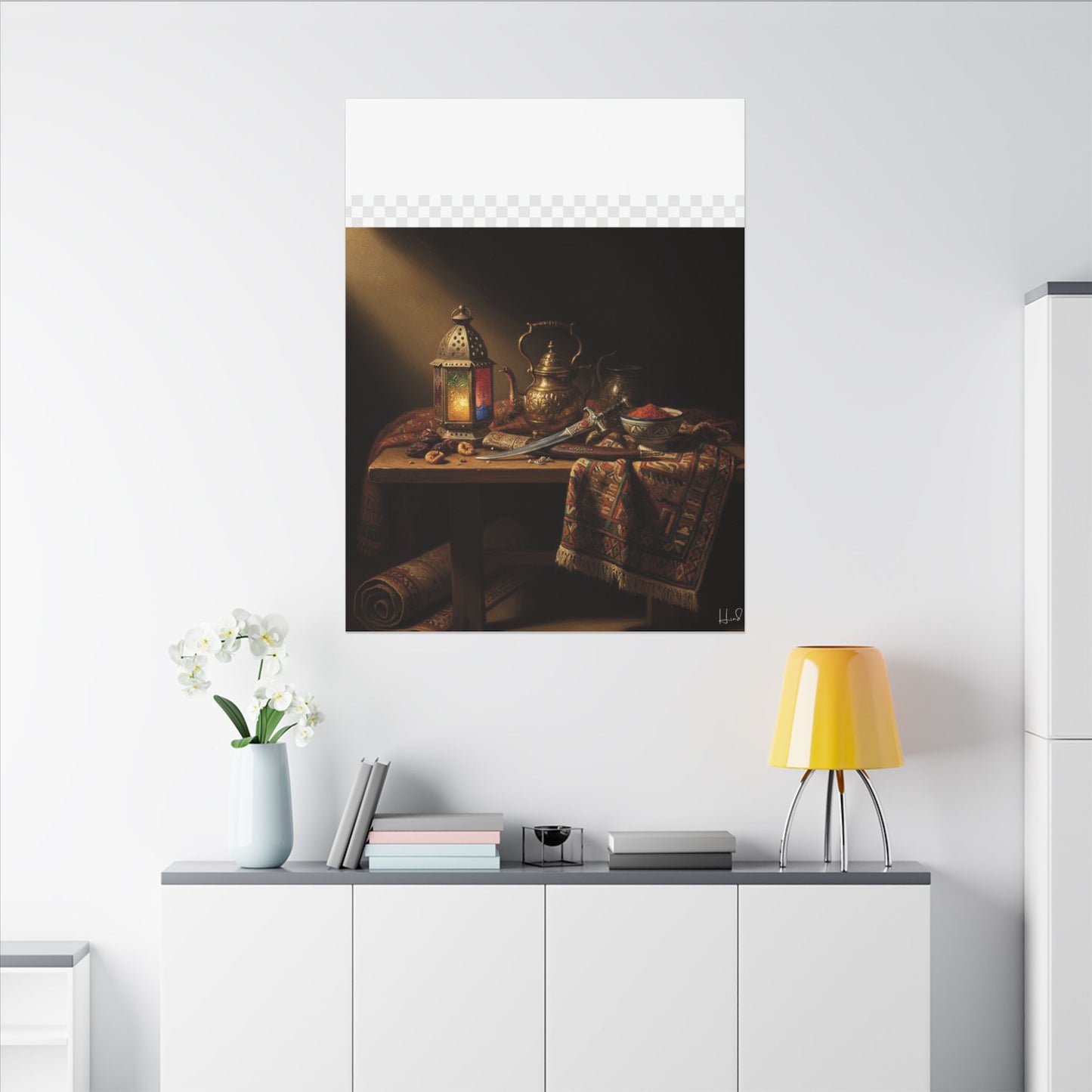 Oriental Still Life Canvas — Vintage Brass Teapot & Lantern Wall Art