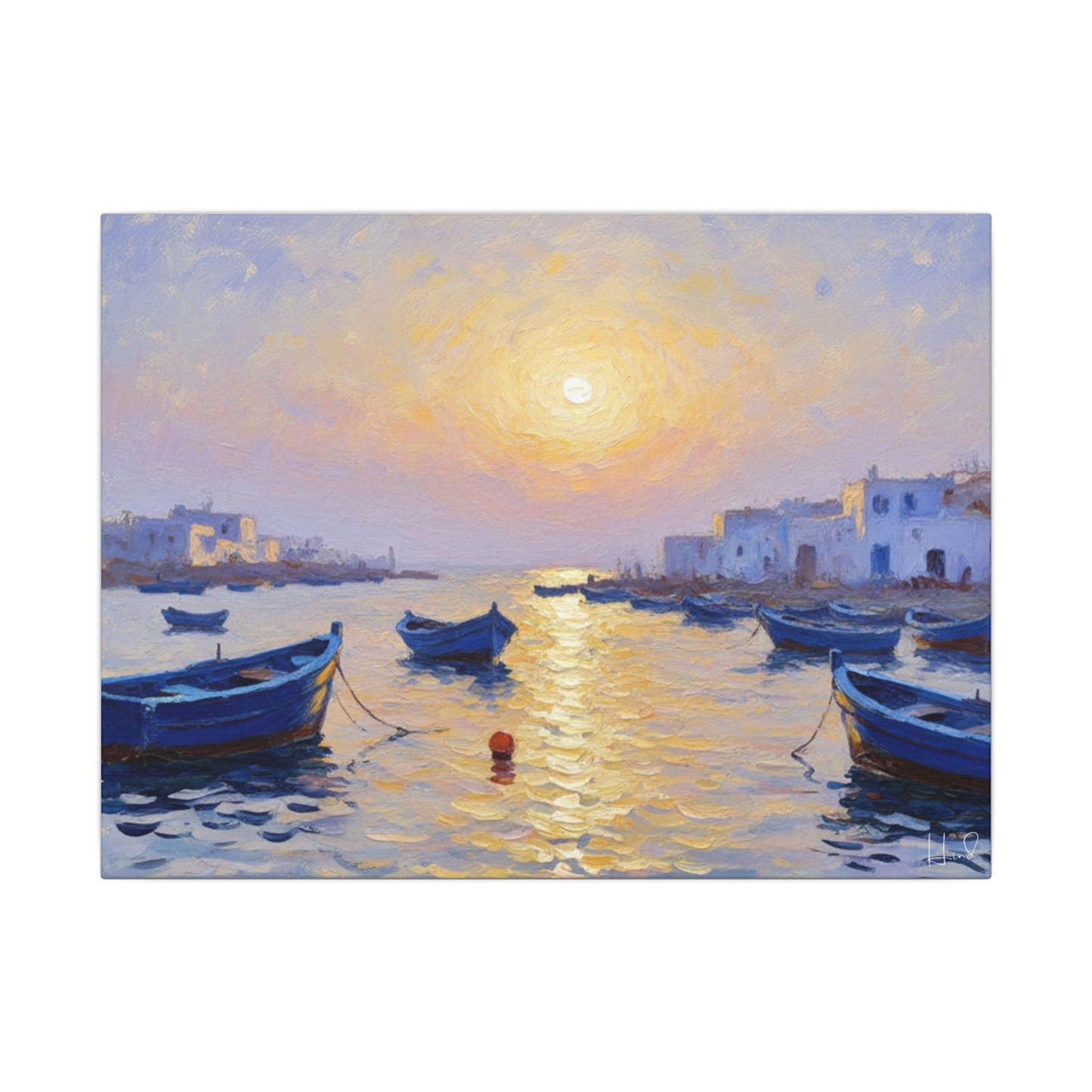 Seaside Sunset Canvas Print — Boats on Tranquil Harbor Wall Art