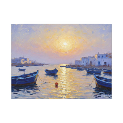 Seaside Sunset Canvas Print — Boats on Tranquil Harbor Wall Art