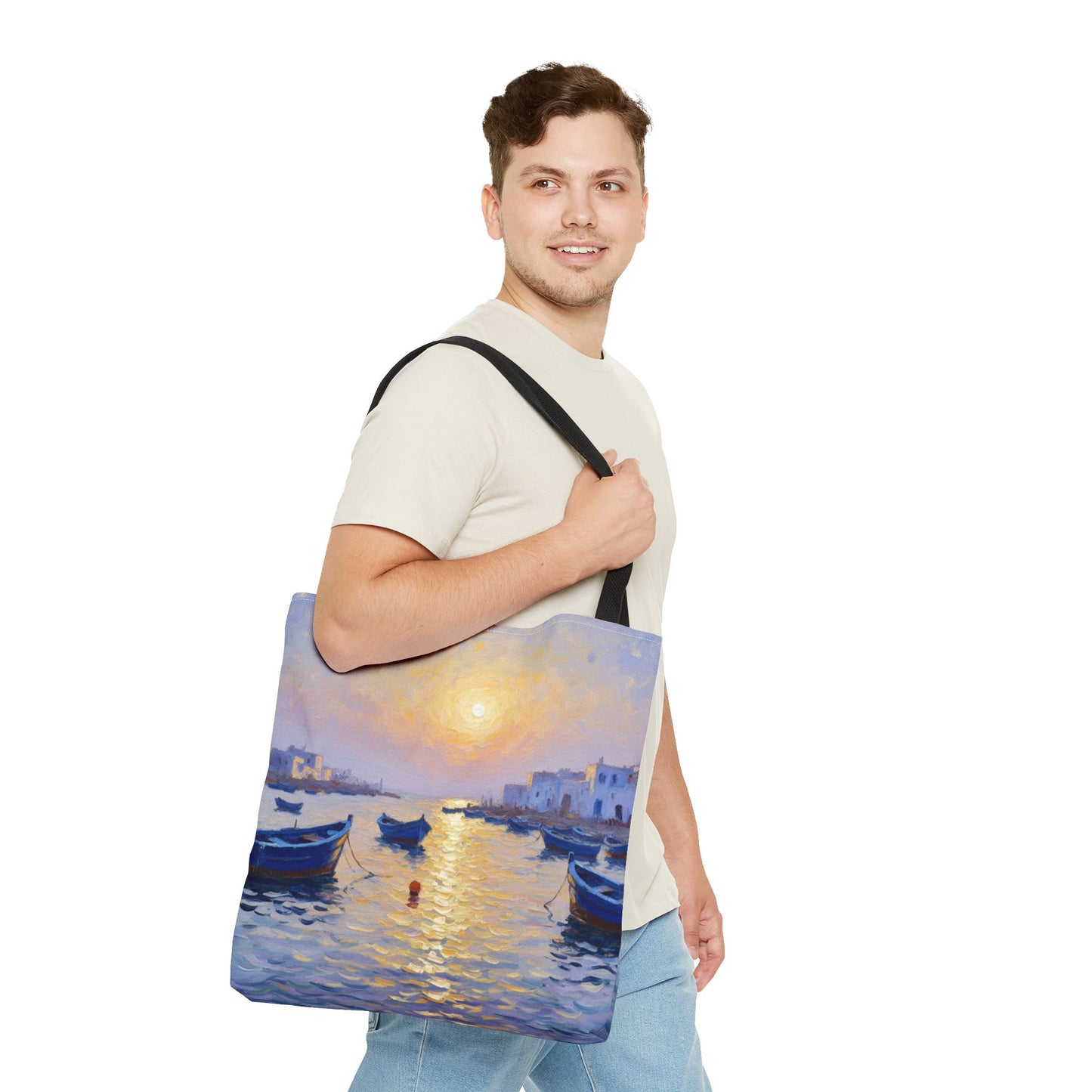 Sunset Harbor Tote Bag - Seaside Boats Art Print