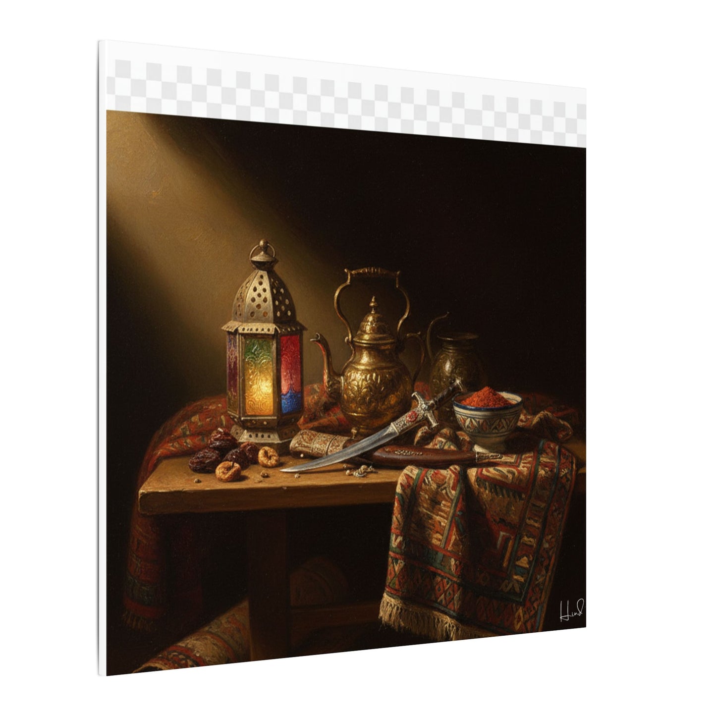 Oriental Still Life Canvas — Vintage Brass Teapot & Lantern Wall Art